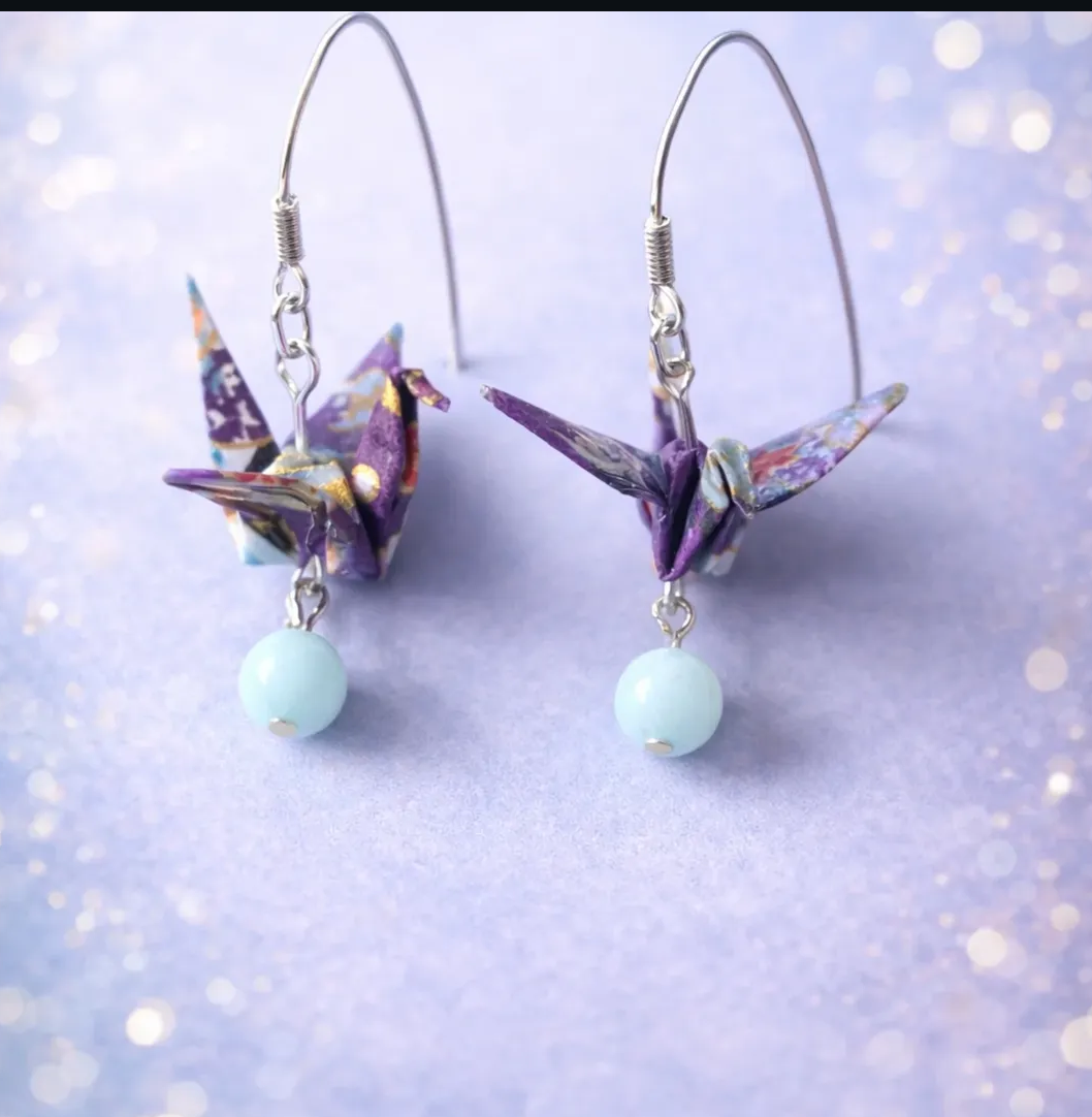 Purple origami crane earrings