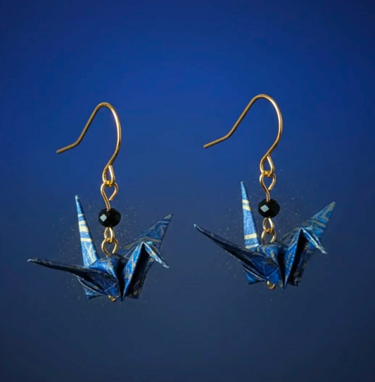 Blue gold origami crane earrings