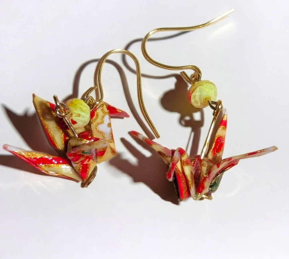 Red and yellow origami crane earrings