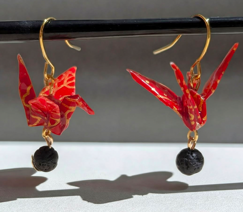 Red and lava origami crane earrings