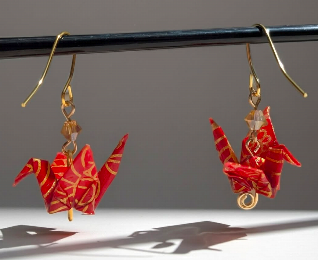 Red gold origami crane earrings