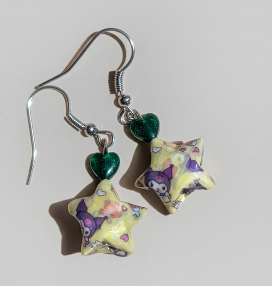 Yellow green Star origami earrings