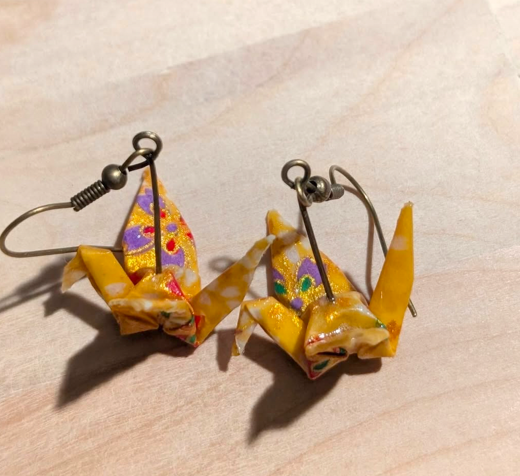 Yellow bronze origami crane earrings