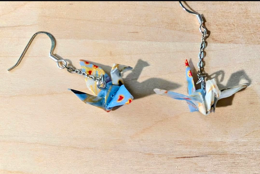 Blue silver Crane origami earrings