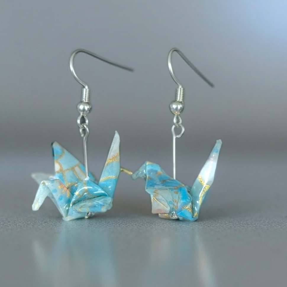 Sky blue origami crane earrings