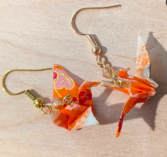 Orange gold crane earrings