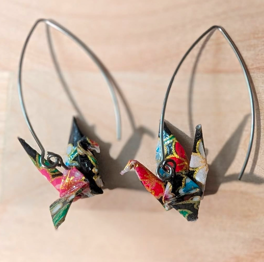Black and colorful origami crane earrings