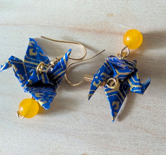 Blue yellow and gold crane earrings