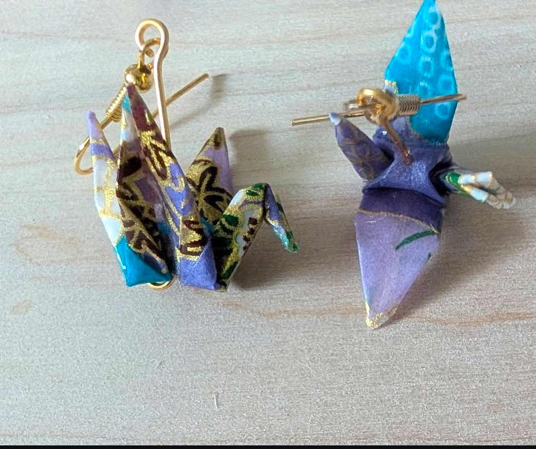 Teal and purple origami crane earrings