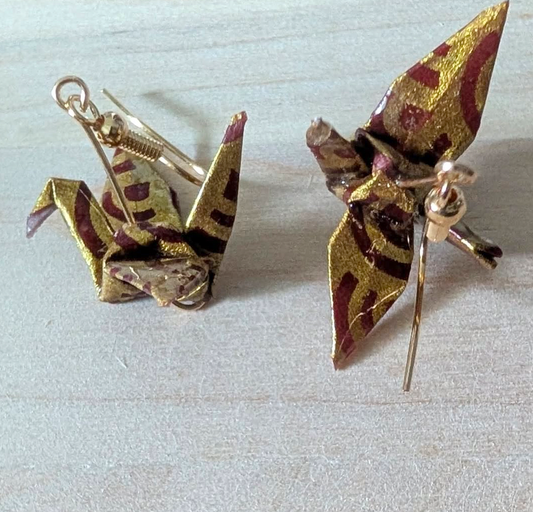 Gold and burgundy crane earrings
