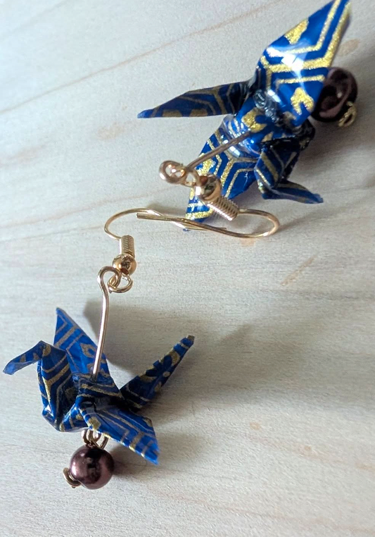 Blue gold and pearl crane earrings