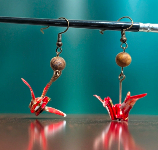 Crimson & Bronze Origami Crane Earrings - Resin Coated with Stone Bead Accents