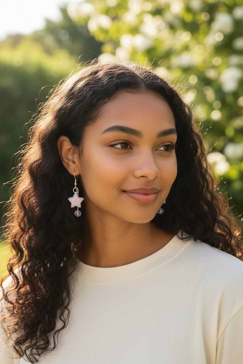 Handmade Pastel Origami Star Earrings - Pink and Blue Celestial Dangle Earrings