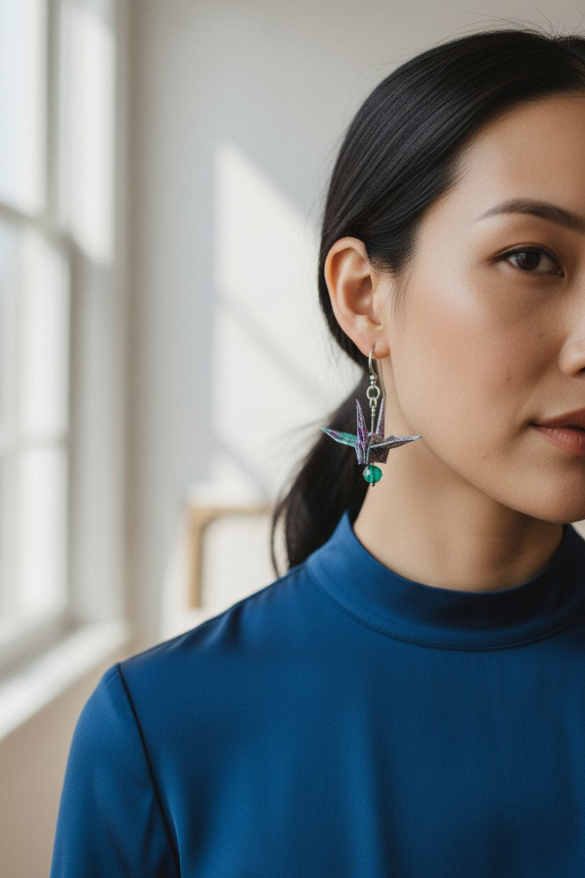 Lavender Dreams Origami Crane Earrings - Resin Coated with Crystal Accents