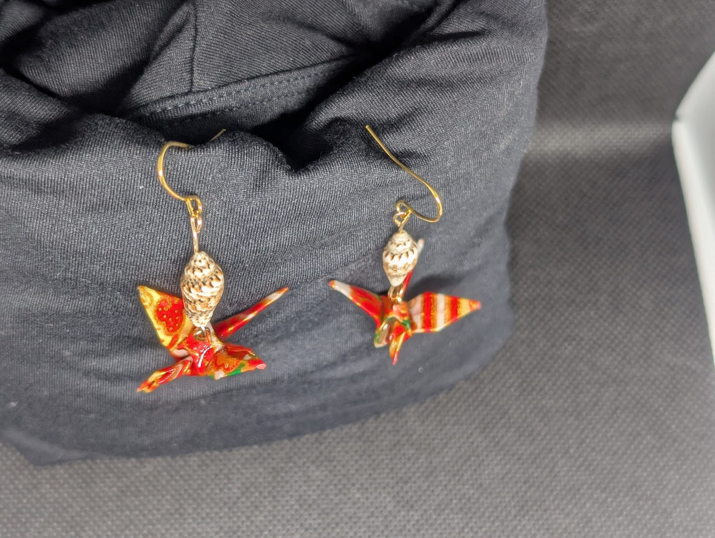 Handmade Japanese Washi Paper Origami Crane Earrings with Natural Mini Seashells - Red & Gold Gold-Tone Dangles