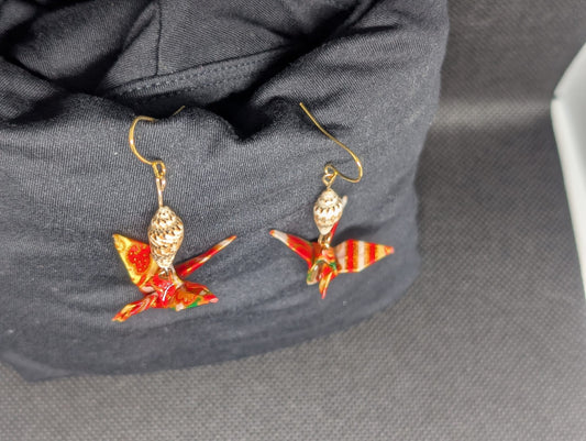 Handmade Japanese Washi Paper Origami Crane Earrings with Natural Mini Seashells - Red & Gold Gold-Tone Dangles