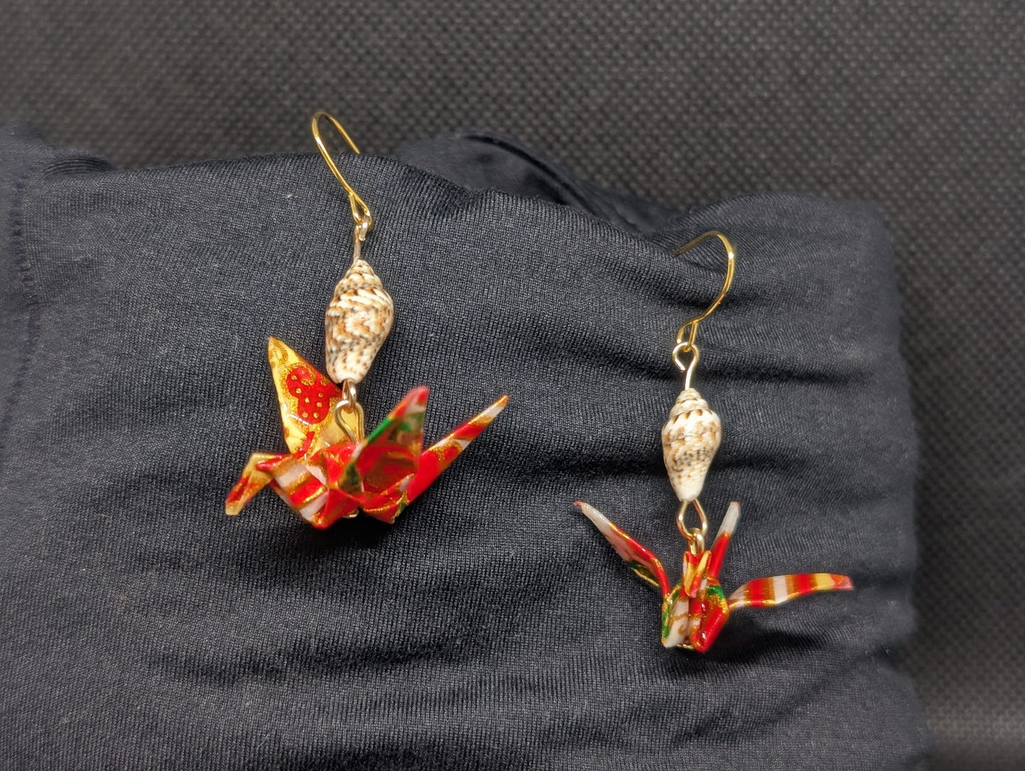 Handmade Japanese Washi Paper Origami Crane Earrings with Natural Mini Seashells - Red & Gold Gold-Tone Dangles