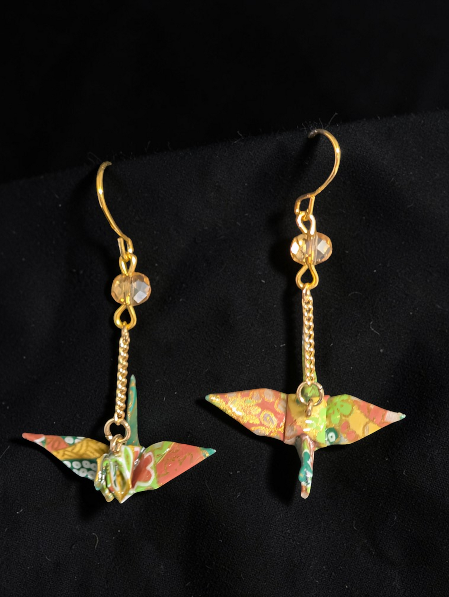 Handmade Japanese Origami Crane Earrings – Washi Paper Dangle Earrings with Gold-Tone Chains and Crystal Accents