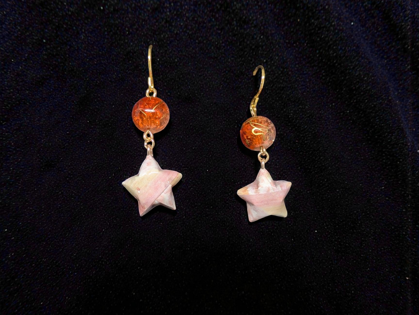 Handmade Japanese Washi Paper Star Earrings with Orange Crackle Glass Beads - Gold-Tone Celestial Dangles