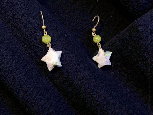 Handmade Japanese Washi Paper Lucky Star Earrings with Green Jade-Style Beads - Antique Bronze Dangles
