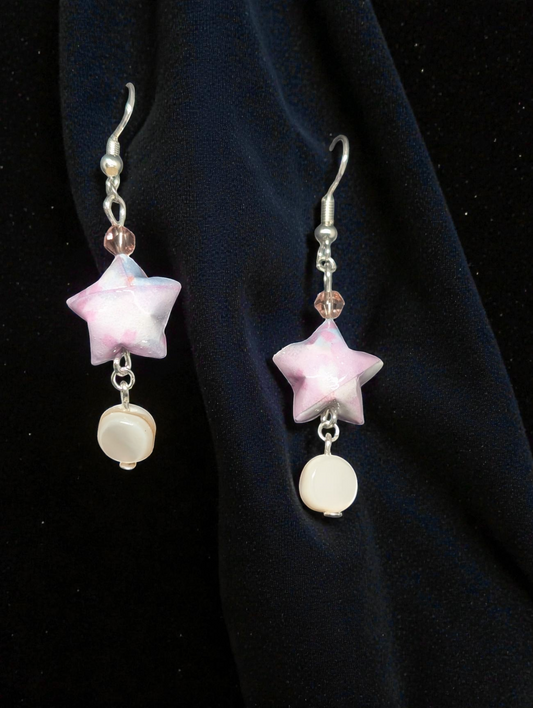 Handmade Japanese Washi Paper Lucky Star Earrings with Mother of Pearl & Crystal Accents - Pastel Pink Dangles