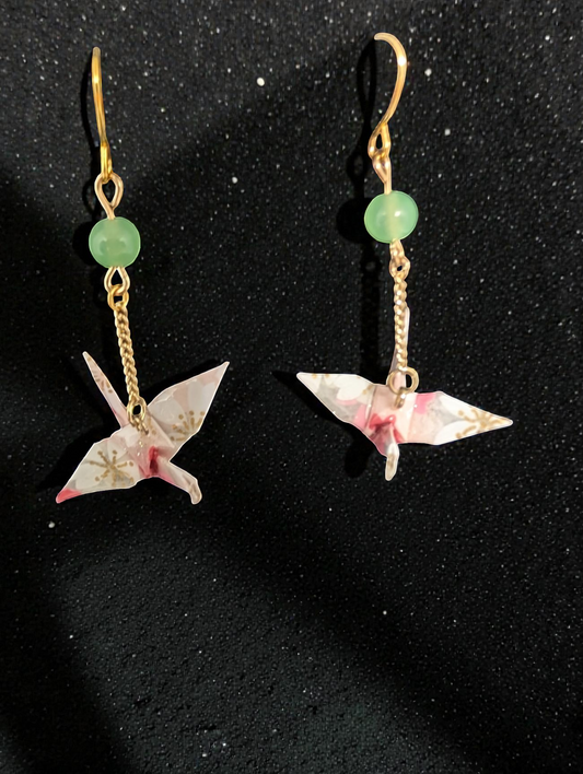 Handmade Origami Crane Drop Earrings – Japanese Washi Paper with Green Aventurine Beads & Gold Chai