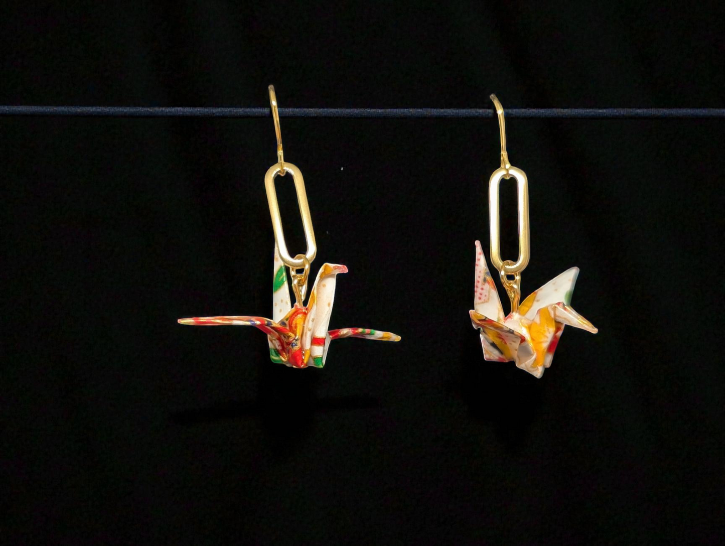 andmade Japanese Washi Paper Origami Crane Earrings - Gold Paperclip Link Dangles - Colorful Patterned "Orizuru" Jewelry