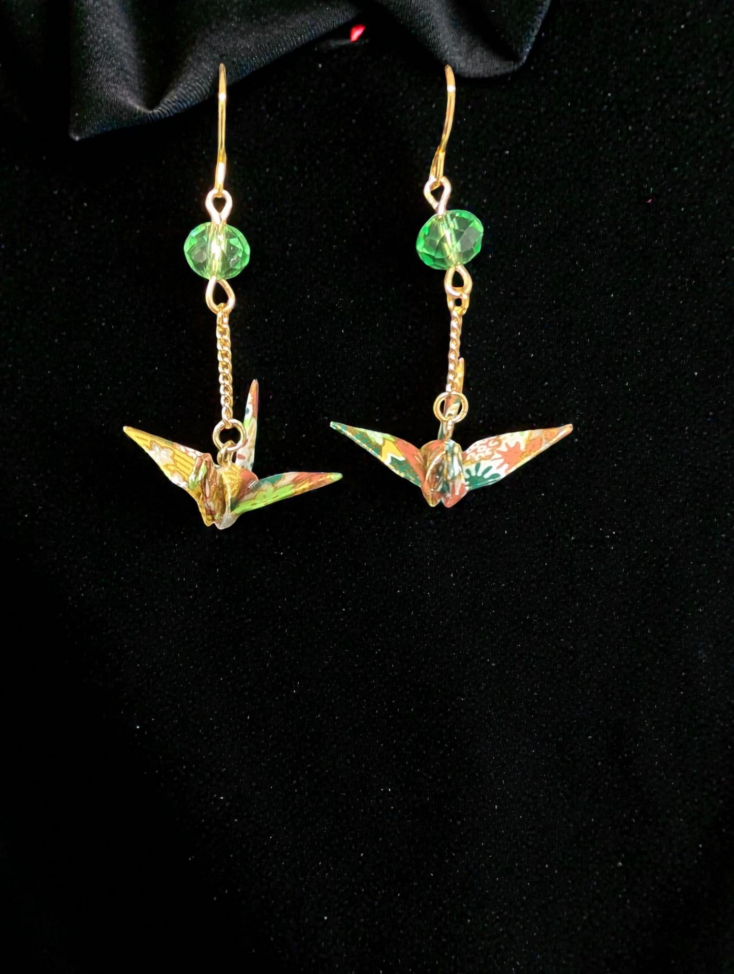 Handmade Japanese Washi Paper Origami Crane Earrings with Green Crystal Accents - 14k Gold Plated Dangles