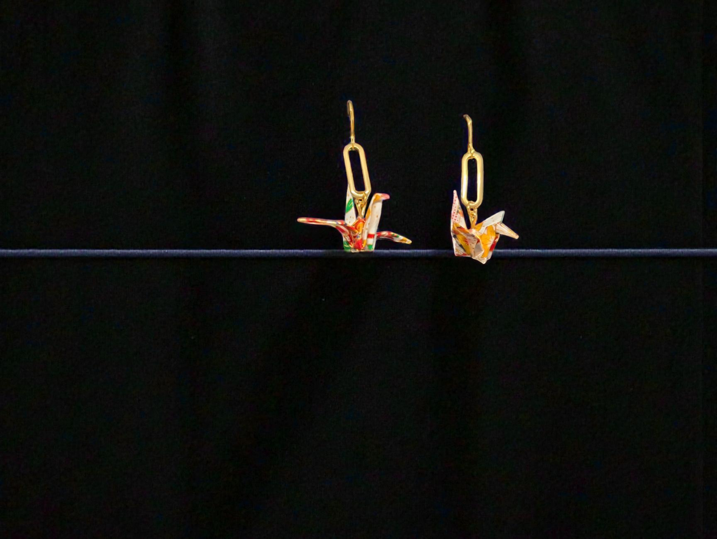 andmade Japanese Washi Paper Origami Crane Earrings - Gold Paperclip Link Dangles - Colorful Patterned "Orizuru" Jewelry