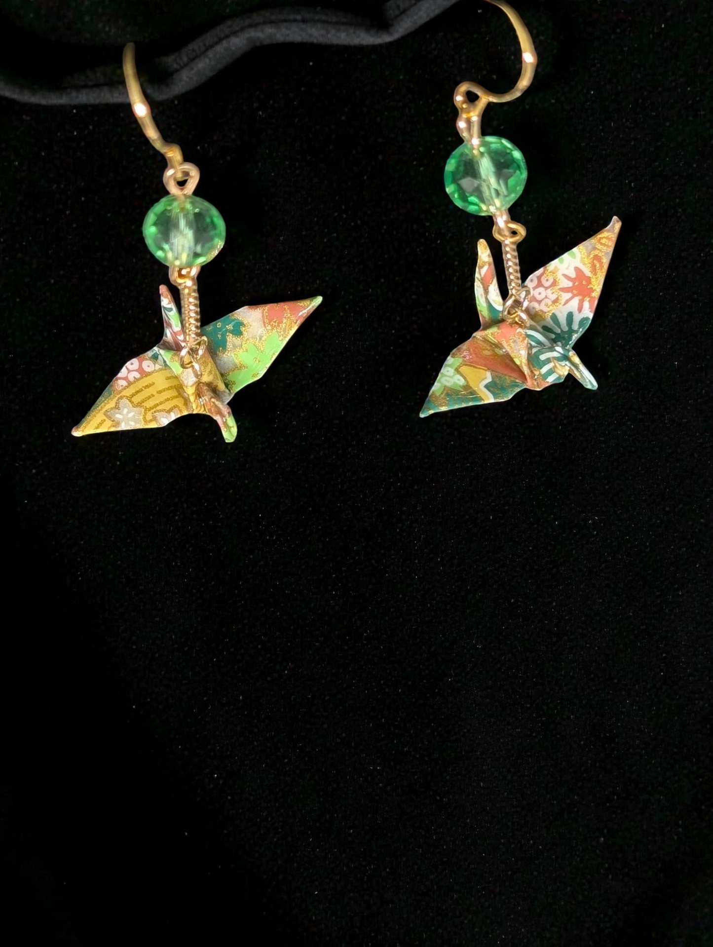 Handmade Japanese Washi Paper Origami Crane Earrings with Green Crystal Accents - 14k Gold Plated Dangles