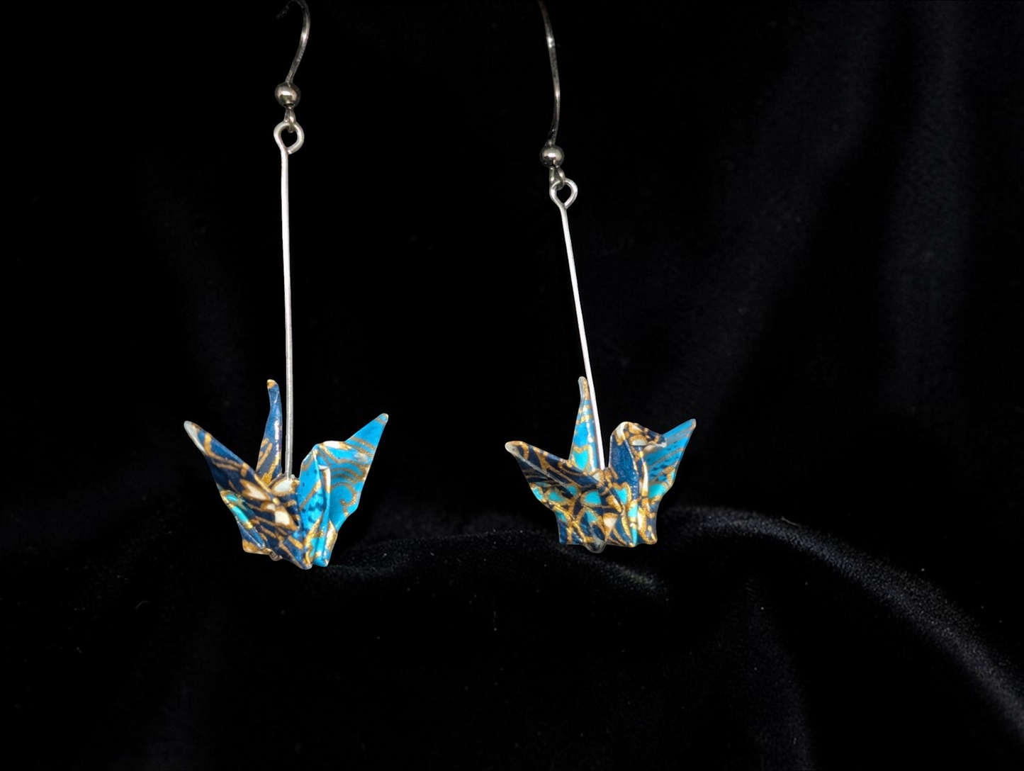 Handmade Japanese Washi Paper Origami Crane Earrings - Long Silver Bar Dangles - Teal & Gold Metallic "Orizuru" Jewelry