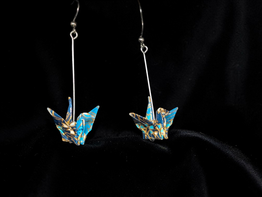 Handmade Japanese Washi Paper Origami Crane Earrings - Long Silver Bar Dangles - Teal & Gold Metallic "Orizuru" Jewelry