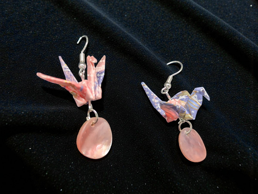 Handmade Japanese Washi Paper Origami Crane Earrings with Pink Shell Charms - Silver-Tone Dangles