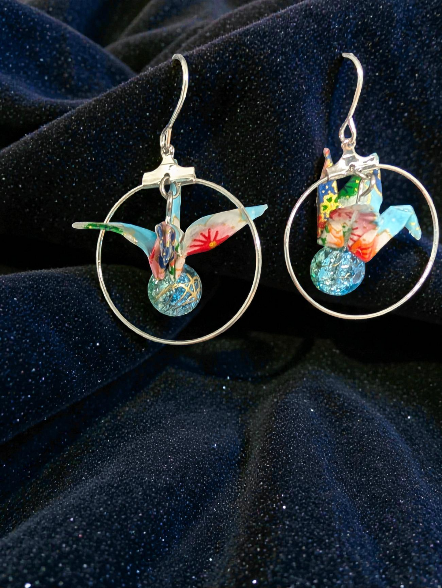 Handmade Origami Crane Hoop Earrings – Washi Paper Japanese Orizuru with Crystal Bead