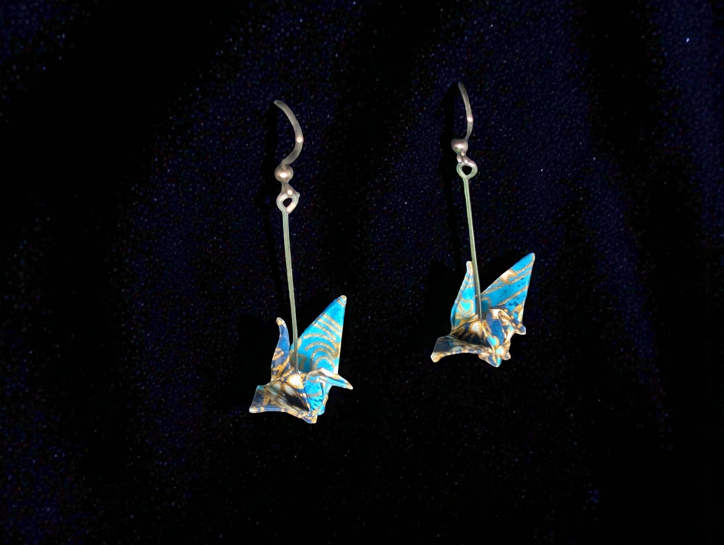 Handmade Japanese Washi Paper Origami Crane Earrings - Long Silver Bar Dangles - Teal & Gold Metallic "Orizuru" Jewelry