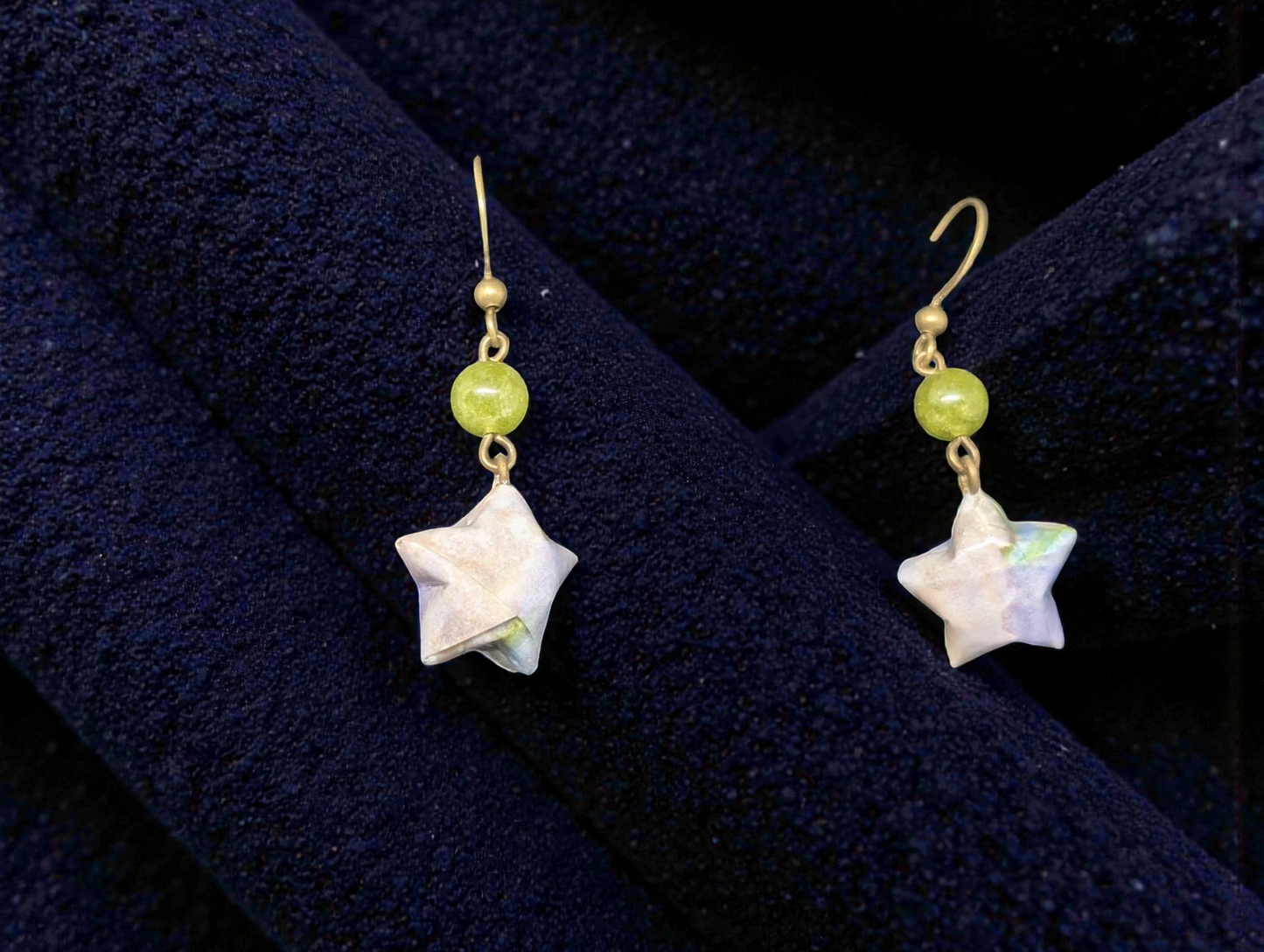 Handmade Japanese Washi Paper Lucky Star Earrings with Green Jade-Style Beads - Antique Bronze Dangles