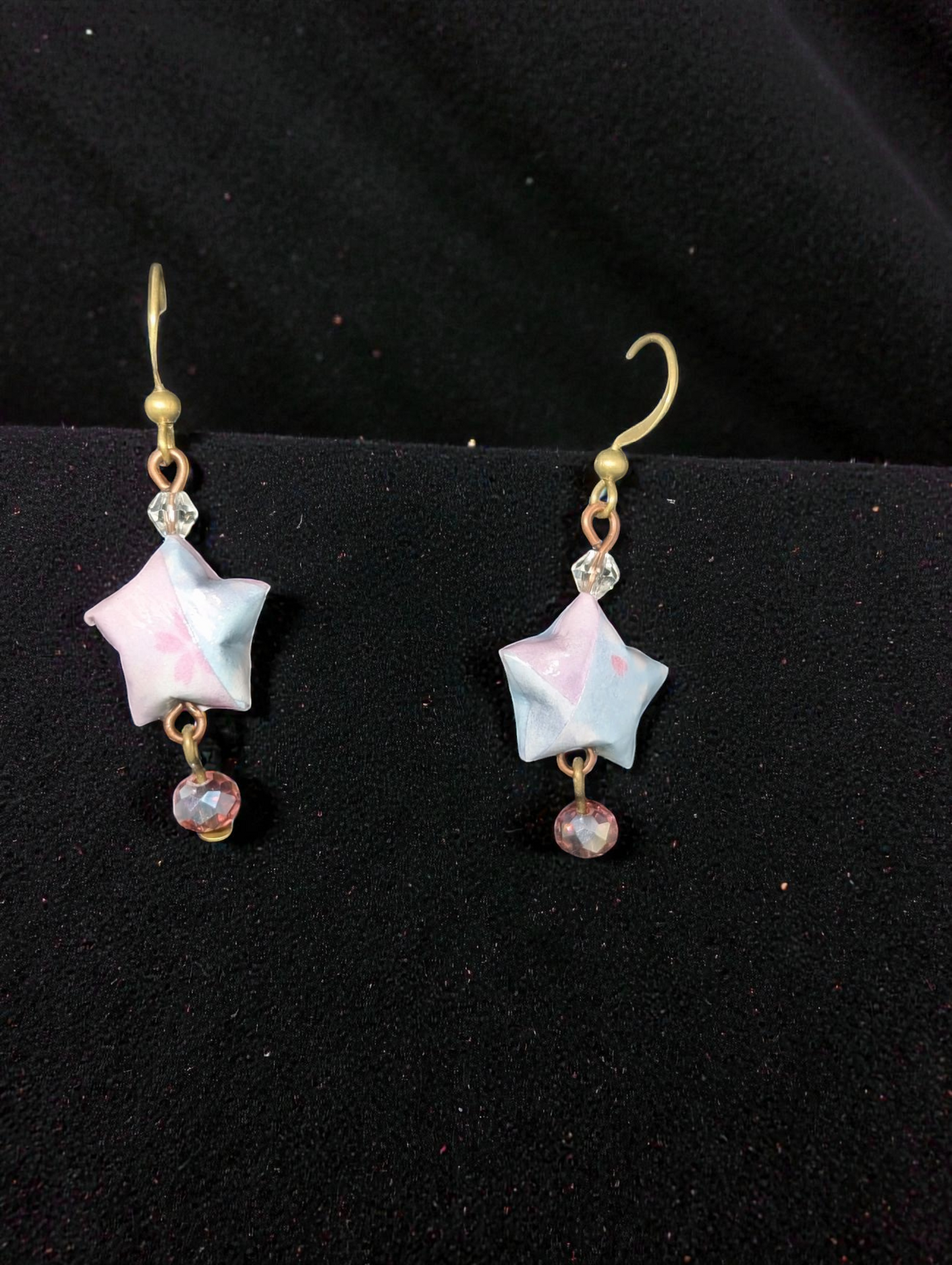 Handmade Japanese Washi Paper Star Earrings with Rose Crystal Dangles - Antique Brass Celestial Jewelry