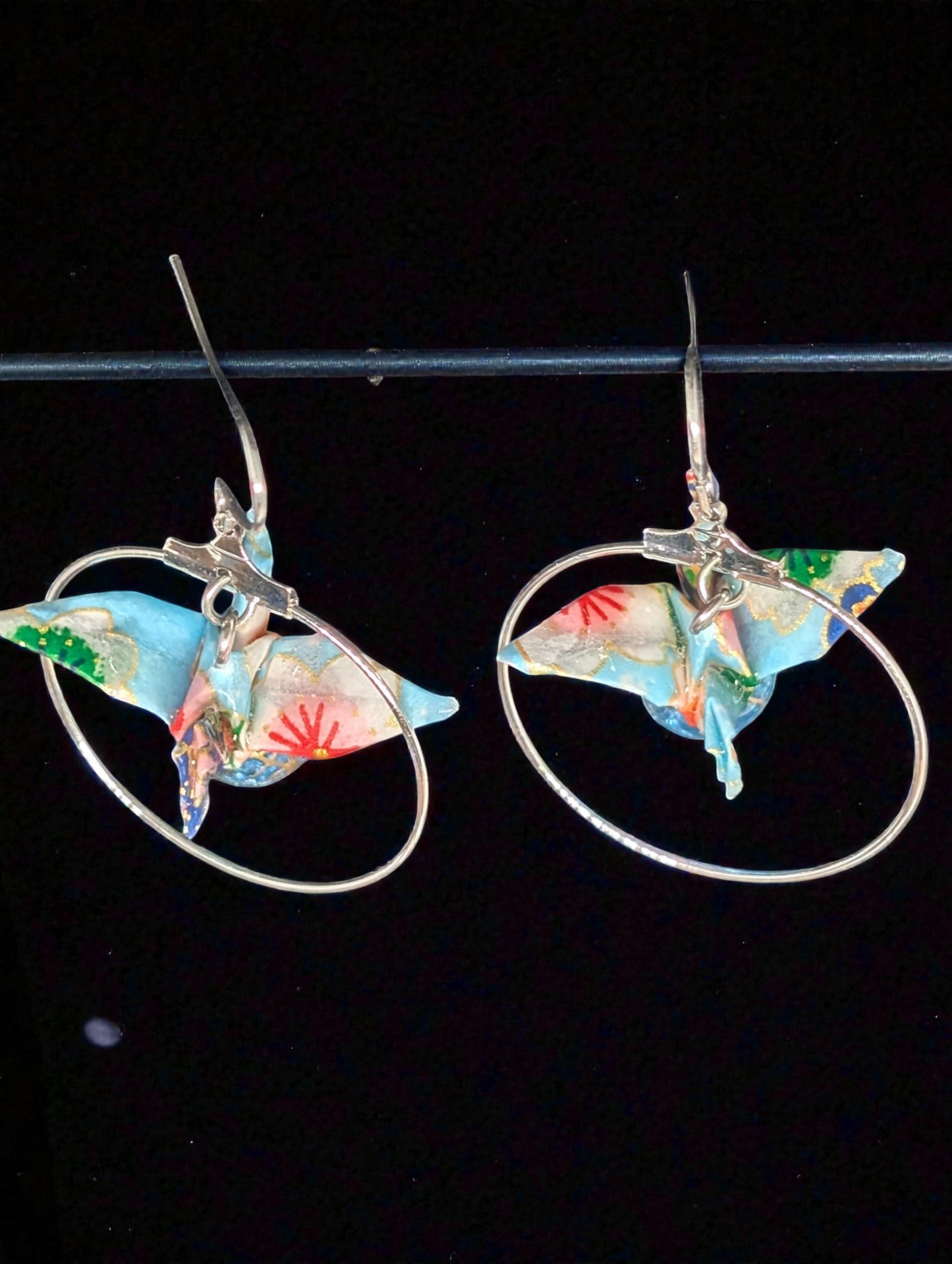 Handmade Origami Crane Hoop Earrings – Washi Paper Japanese Orizuru with Crystal Bead