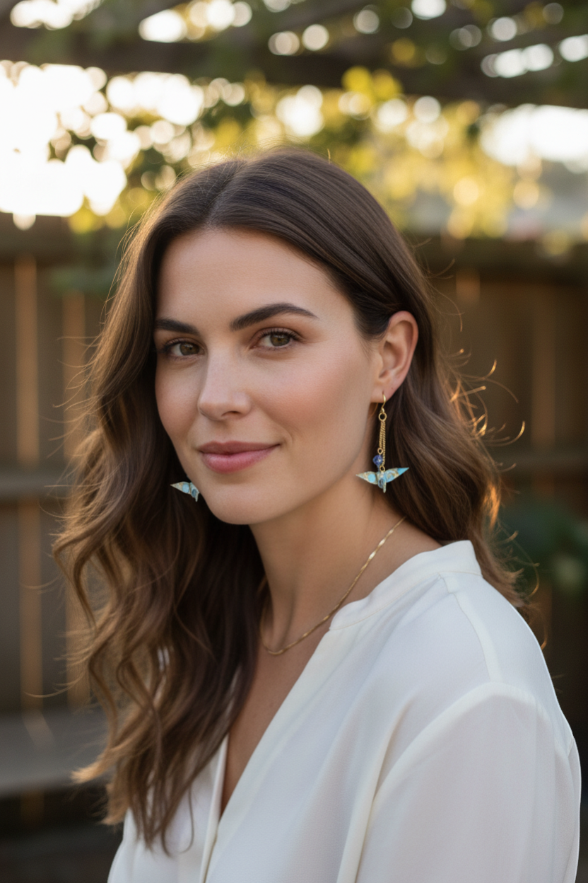 Butter Moon Creations, LLCHandmade blue washi paper origami crane earrings with gold chain and crystal accents.