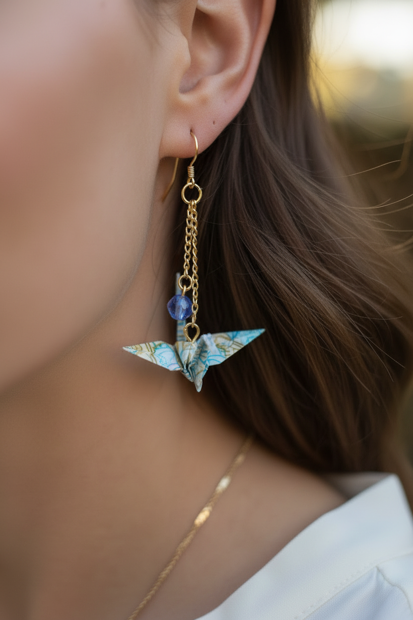 Butter Moon Creations, LLC handmade blue washi paper origami crane earrings with gold chain and blue crystal accent.