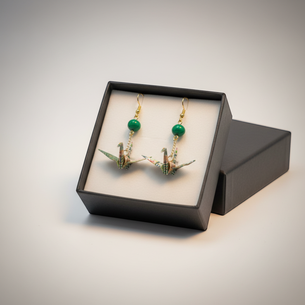 Butter Moon Creations, LLCHandmade green floral washi paper origami crane earrings with gold accents and green malachite-style beads.