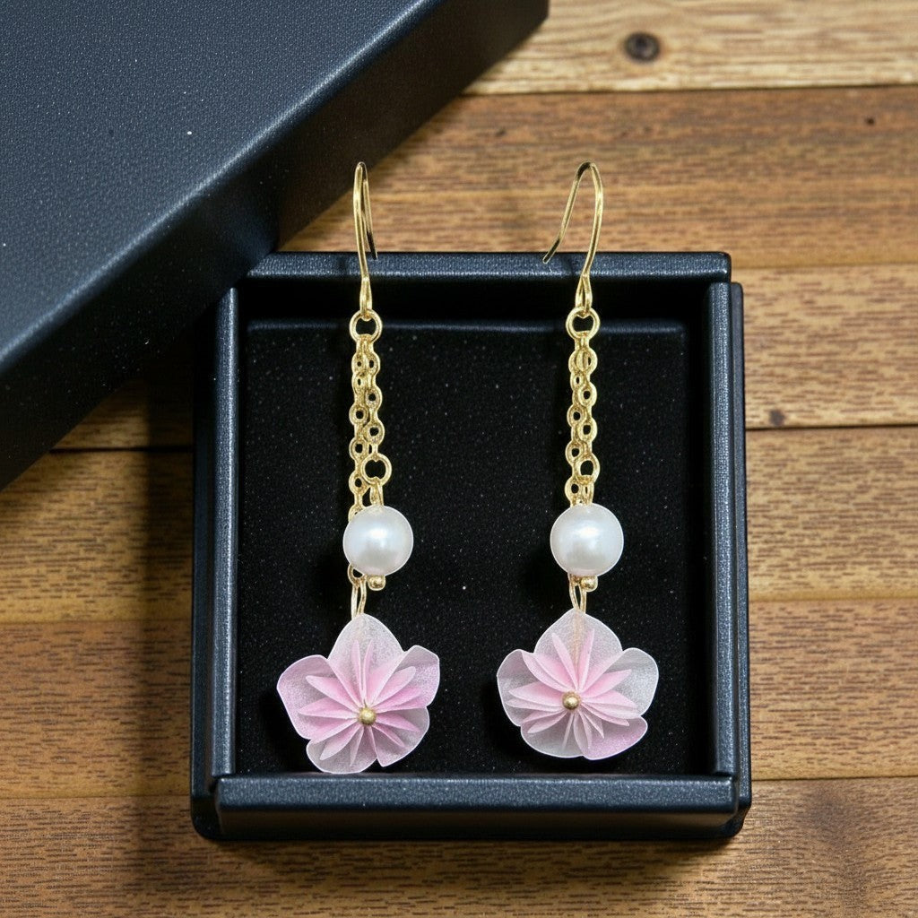 Butter Moon Creations, LLC gold-tone dangle earrings with faux pearls and soft pink fabric flowers.
