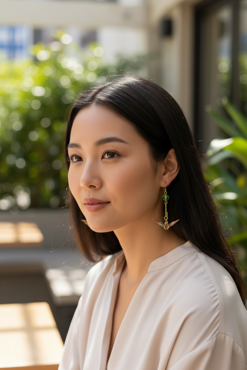 Butter Moon Creations LLCHandmade Japanese Washi paper origami crane earrings with green crystal accents and gold-plated dangles.