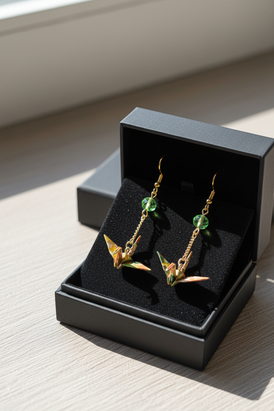 Butter Moon Creations LLCHandmade Japanese Washi paper origami crane earrings with green crystal accents and gold plated dangles.