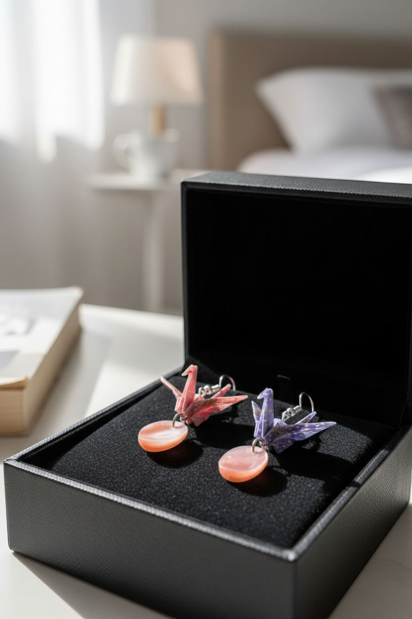 Butter Moon Creations LLCHandmade pink and purple Washi paper origami crane earrings with pink shell charms and silver-tone hooks.