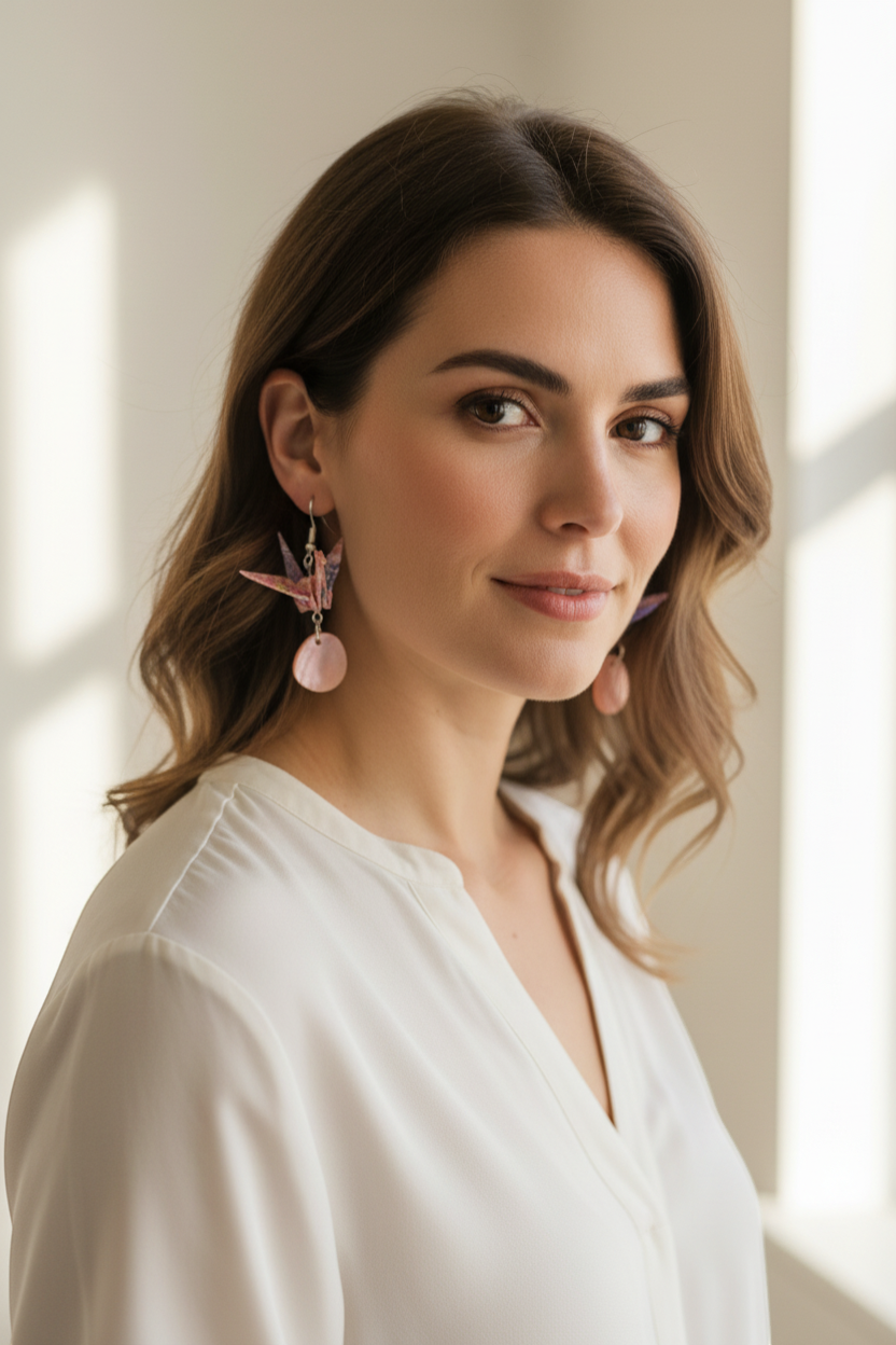 Butter Moon Creations LLCHandmade pink and purple Washi paper origami crane earrings with iridescent pink shell charms and silver-tone hooks.