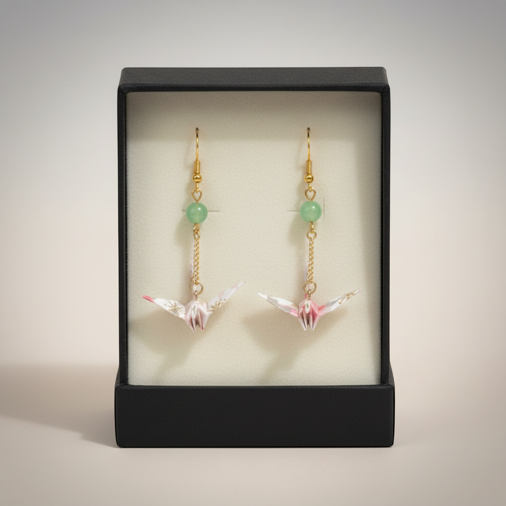 Butter Moon Creations, LLC handmade origami crane earrings with green aventurine beads and gold accents. Washi paper with floral pattern.