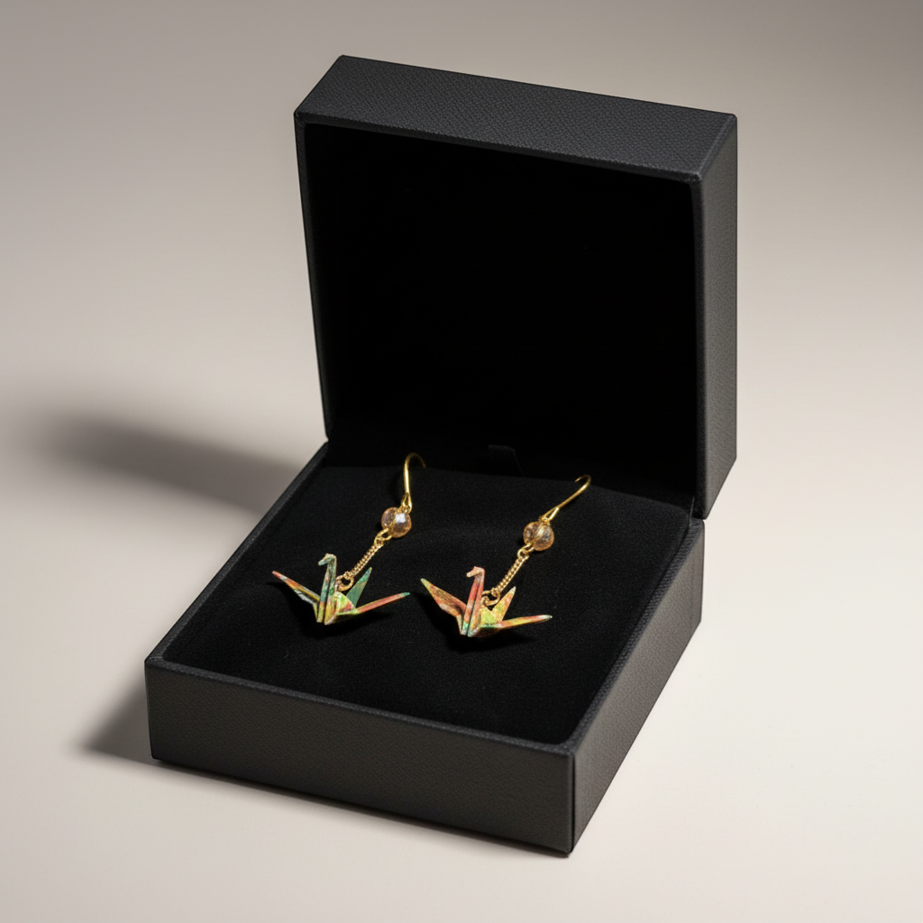 Butter Moon Creations, LLC handmade floral Washi paper origami crane dangle earrings with gold chains and champagne crystals.
