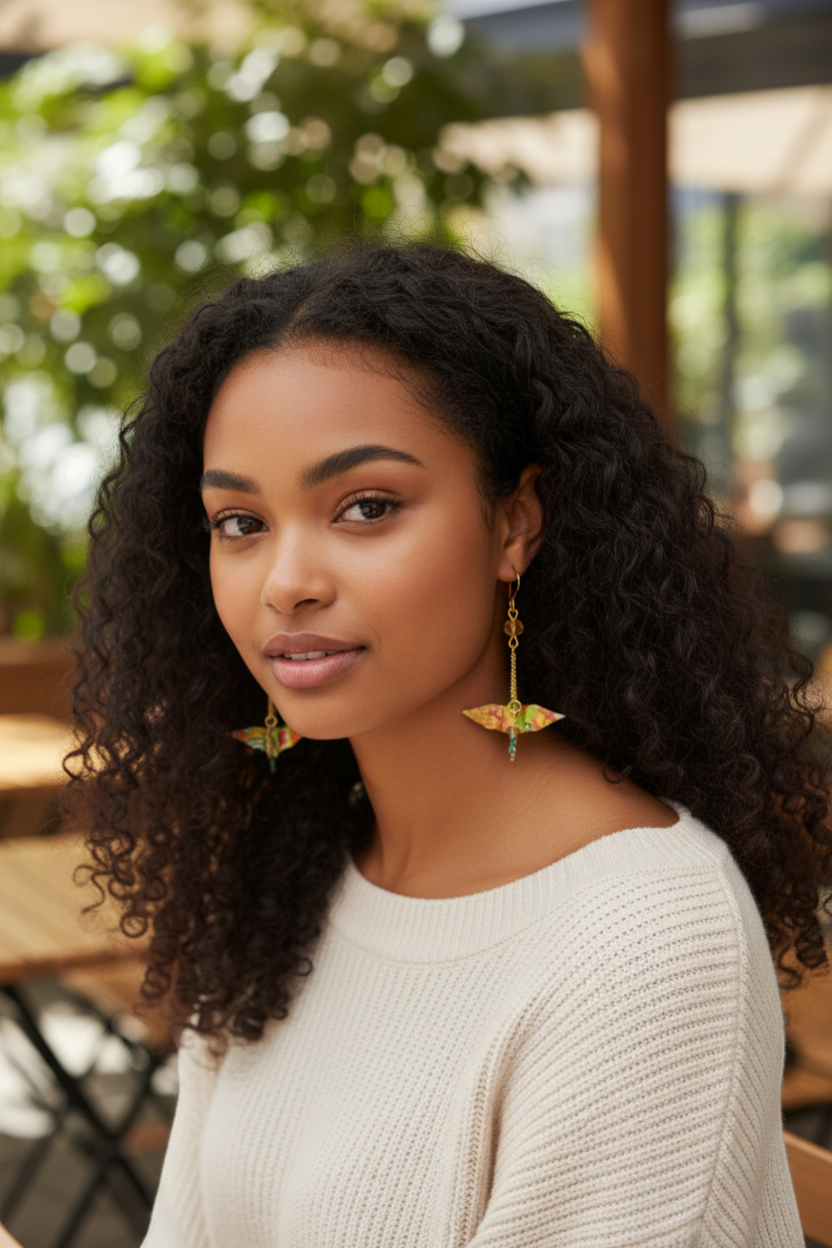Butter Moon Creations, LLC handmade floral Washi paper origami crane dangle earrings with gold-tone chains and champagne crystals.