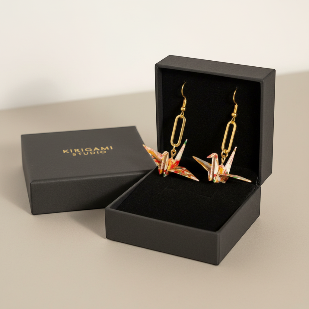 Butter Moon Creations handmade Japanese Washi paper origami crane earrings with gold paperclip links, featuring colorful patterns.